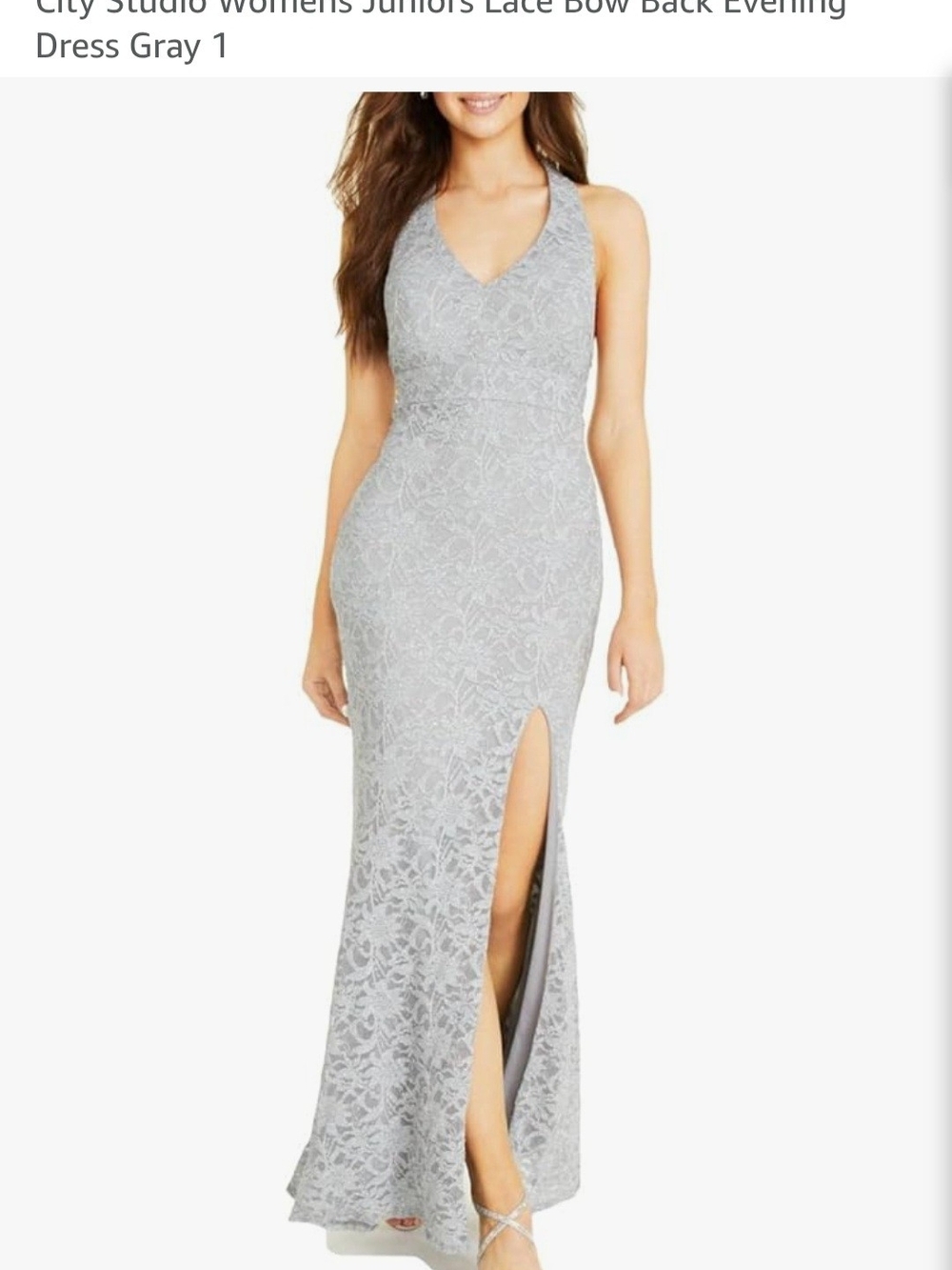 City Studio Gray Lace V-Neck Evening Dress with Side Slit